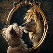 Humorous and inspiring image of a small dog gazing into a mirror, with the reflection showing a regal lion, symbolizing inner strength and courage