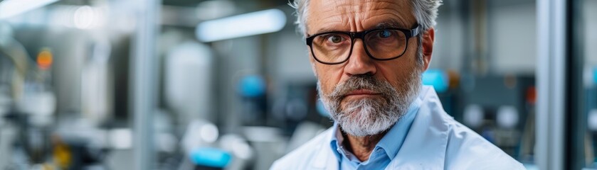 Poster - A middle-aged engineer monitors and analyzes conditions in a modern electronics factory using automated robots and artificial intelligence