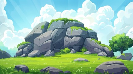 Wall Mural - An illustration of a hill with green grass and a gray stone boulder, or rock, in a landscape setting