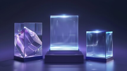 Poster - The illustration depicts a glass showcase, display, exhibit stand, with a transparent box front and angle view on a wood or plastic base. It features a crystal block, an award podium, and a glossy