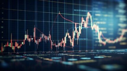 Wall Mural - Detailed analysis of stock market trends: zoomed-in view of rising candlestick chart patterns on a blue monitor display