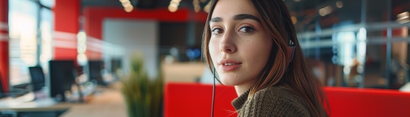 Poster - Portrait of woman consultant in telemarketing office for online help and assistance. Computer and contact information and microphone with operator in workplace for customer support.