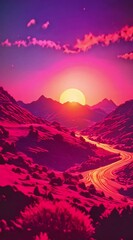 Wall Mural - An animated retrowave style vertical video of the sun setting behind mountains with silhouetted palm trees
