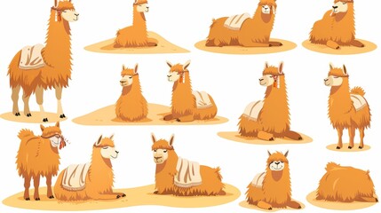 Wall Mural - A llama, Peru alpaca animal, cartoon Mexican Lama character sitting, sleeping, grazing on grass, standing on desert sand isolated from the background.