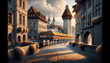 a paint depicting historic urban charm of lucerne's old town, features cobblestone streets and medie