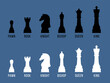 Vector illustration set of white and black chess pieces with their names labeled on a blue background