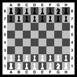 Vector illustration depicts a chessboard set up for a game, with all the black and white chess pieces positioned on their squares