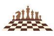 A set of chess pieces arranged on a chessboard pattern