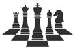 Set of black chess pieces with black chessboard pattern