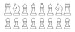 A complete set of chessboard pieces illustrated in a line style vector graphic
