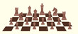 Set of chessboard pieces arranged on a chessboard pattern