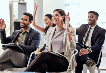 Aufkleber - Business, people and smile with question in office at meeting, presentation or workshop as accountant. Hand, answer and happy with training as volunteer for career development or audience vote