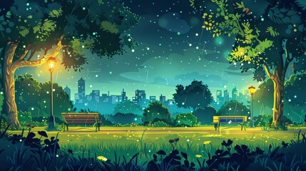 Wall Mural - An empty public garden with street lights and seating at night in a city park with wooden benches, green trees and grass, lanterns and town buildings. Modern cartoon summer landscape at night with