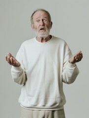 senior man wearing sweatshirt and giving confused expression.