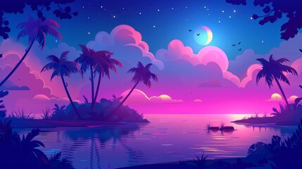 Wall Mural - Tropical island in dawn heaven, with calm sea and palm trees under pink clouds and waxing crescents, ocean water surface, and birds. Cartoon landscape nature background.