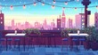 Modern illustration of an empty patio with cafe furniture on a rooftop or building terrace with a city view. Modern parallax background for 2D animations.