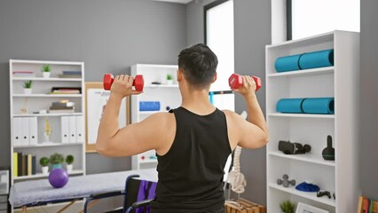 Wall Mural - Young asian man exercising with dumbbells in a modern rehabilitation clinic room, showcasing fitness and healthcare interior.
