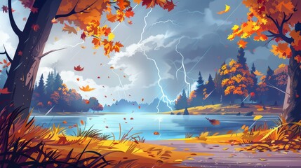 Wall Mural - Detailed modern illustration of oak and maple trees in a forest with a thunderstorm. Modern illustration of fall woodlands with a lake and lightning in the sky.