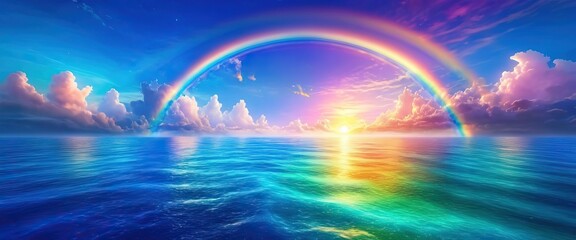 Wall Mural - Colorful rainbow and beautiful sky sunset. Ocean reflection. Web banner design