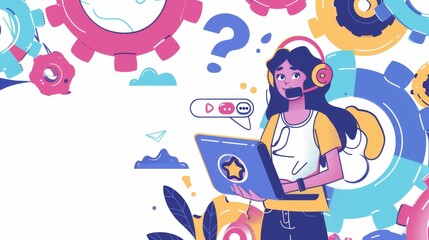 Poster - Modern doodle illustration depicting a call center or hotline with woman operator wearing headset, laptop, question, lifebuoy and gears.