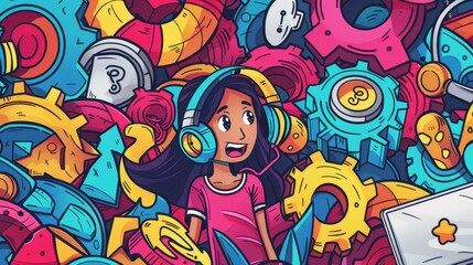Poster - Customer service, support, and help background. Modern doodle illustration of a girl operator wearing a headset, a laptop, a message with an answer, a lifebuoy, and gears.