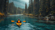 Rear view of kayaker at beautiful landscape background with mountains. Kayaking, canoeing, paddling
