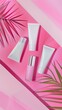 White cream tube mockup of a cosmetic facecare product on light pink background and palm leaf