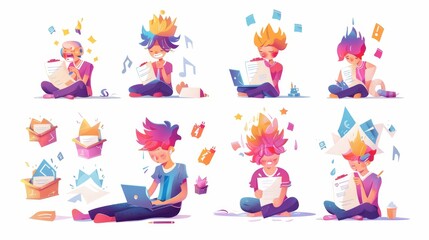 Modern flat illustrations depicting a freelancer sitting at his desk on a laptop, frustrated with piles of paperwork, angry, sleeping, and eating.