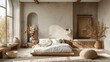 Stylish modern and minimalistic design of cozy bedroom in beige color palette, minimalist collage