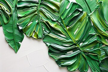 Wall Mural - 3d textured painting monstera plant leaves white background banner