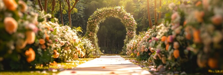 Wall Mural - An enchanting floral wedding arch stands in nature, bathed in sunlight, creating a romantic outdoor matrimonial setting