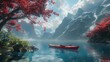 Rear view of kayaker at beautiful landscape background with mountains. Kayaking, canoeing, paddling
