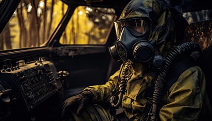 A man wearing a gas mask is seated inside a car