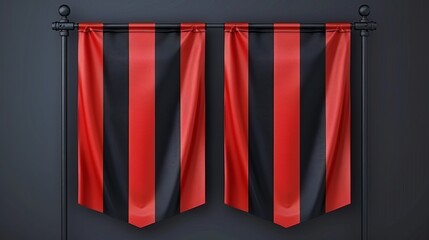 Poster - A modern realistic template of fabric promotion posters, advertising striped canvas pennants hanging from metal frames.