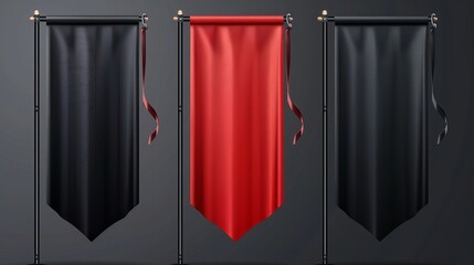 Poster - The fabric promotion posters and advertising striped canvas pennants hang from a metal frame and stand with red and black vinyl flags.