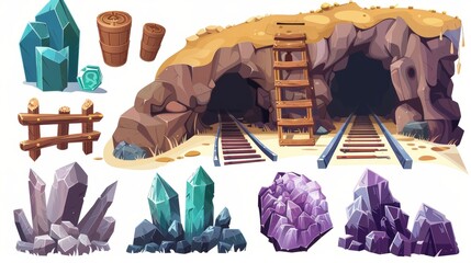 a cartoon illustration of a gold, emerald, amethyst, crystal mine entrance with wooden beams, a rail