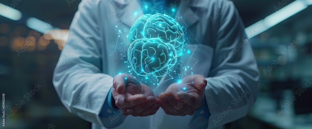 Doctor on blurred background using digital brain scan hologram 3D ...