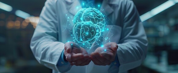 Doctor on blurred background using digital brain scan hologram 3D rendering. AI generated illustration