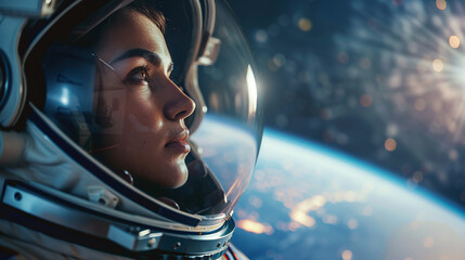 female astronaut in a spacesuit in space against the backdrop of the planet earth