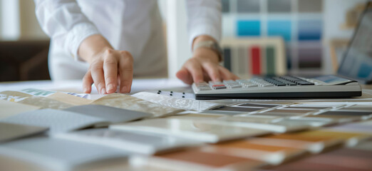Poster - Banner, A person is working on a project with a laptop and a calculator. The project seems to be related to interior design, as there are many different colors and patterns on the table