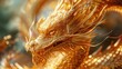 Detailed view of a shiny golden dragon statue in close up.