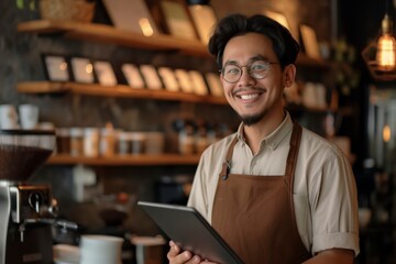 A man with glasses and a brown apron is smiling and holding a tablet. He is standing in a coffee shop,Digital Brewing: The Joyful Barista's Cafe Connection