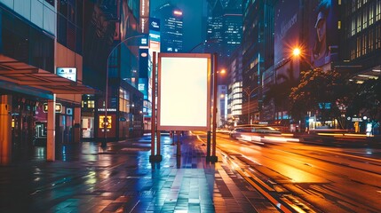 Wall Mural - Illuminated billboard on a busy street at night. Urban landscape with glowing advertisement. Capturing city nightlife and marketing. Ideal for background or graphic design use. AI