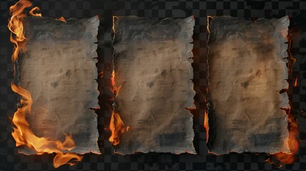 Poster - Stack of burning paper pngs isolated on transparent background. Realistic collection of long pieces on fire, uneven edges damaged by flame, black from ashes. Evidence elimination.