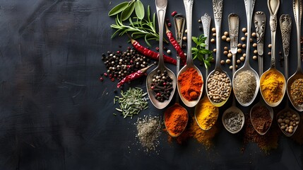 Poster - Assorted spices in spoons on dark background, vibrant colors. Culinary arts and flavoring ingredients. Perfect for restaurant menus. AI