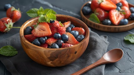 Wall Mural - Fresh Mixed Berries in Wooden Bowls, Healthy Eating Concept. Delicious Snack style, Suitable for Food Blogs. Close-up, Selective Focus. AI