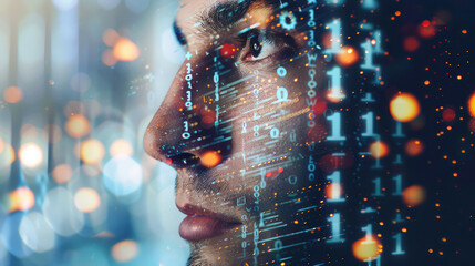 Canvas Print - Digital software binary code glows on the face of a young male IT specialist. Data analysis, matrix numbers and artificial intelligence technologies