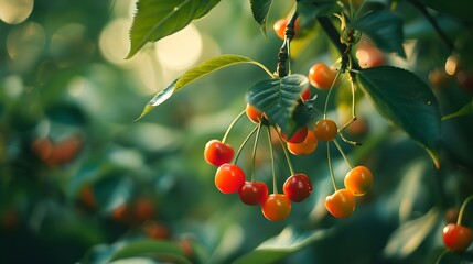 Wall Mural - Ripe cherries hanging on the branch in sunlight. Fresh fruit, natural background. Healthy eating, summer harvest. Close-up of cherry orchard produce. Lush foliage in soft focus. AI