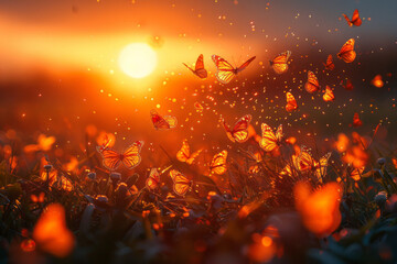 Wall Mural - Sunset glow with butterflies soaring over a flower field