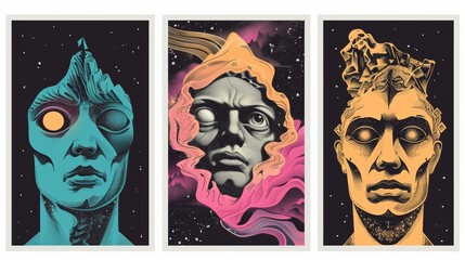 Wall Mural - Retro futuristic flyers for modern abstract art exhibition. Modern posters with antique sculpture heads and busts, open eyes and cyberpunk elements in trendy psychedelic styles.